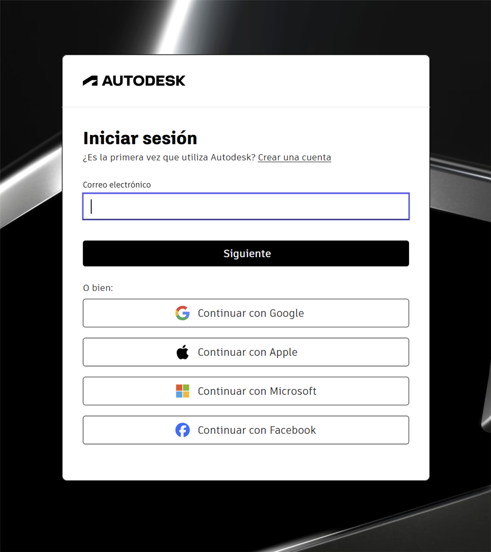Pantalla de inicio de sesión de Autodesk para escribir el correo vinculado