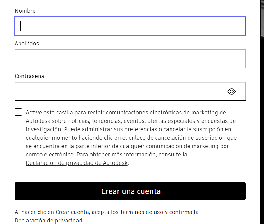 Formulario vacío para completar una cuenta Autodesk previamente vinculada