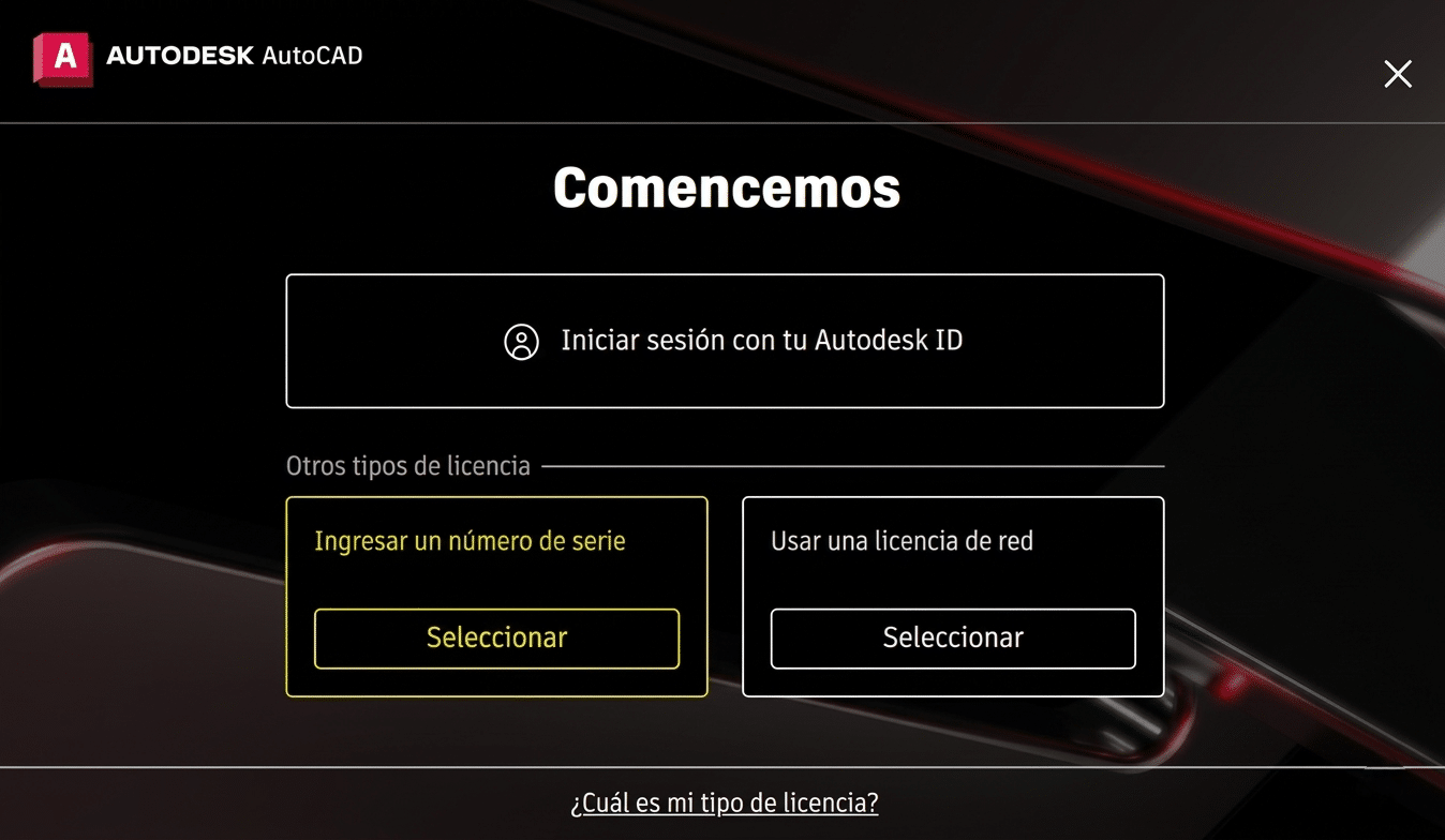 Pantalla de inicio de AutoCAD con la opción Iniciar sesión con tu Autodesk ID